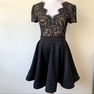 Windsor Black Nude Eyelash Lace Open Back Mini Skater Cocktail Dress (S)